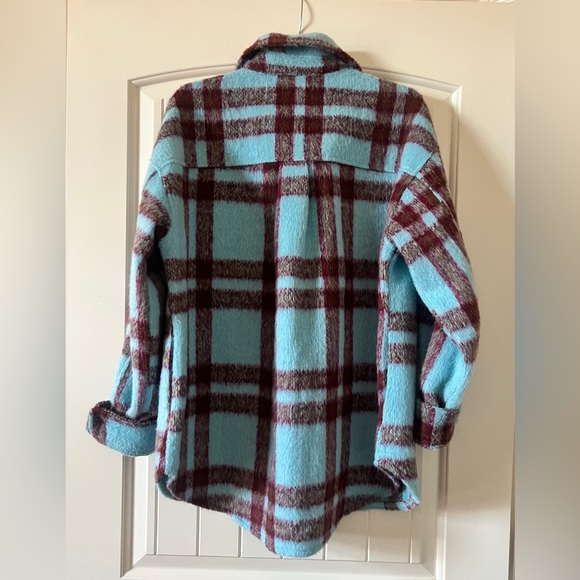 La Miel Jacket Women Small Relaxed Fit Button Blue Burgundy Plaid Travel Shacket - Picture 6 of 8